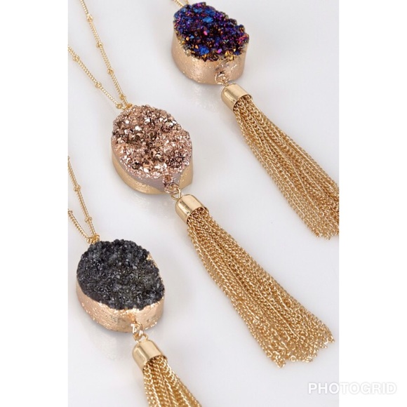 Druzy stone pendant necklace gold chain tassel - Picture 2 of 8